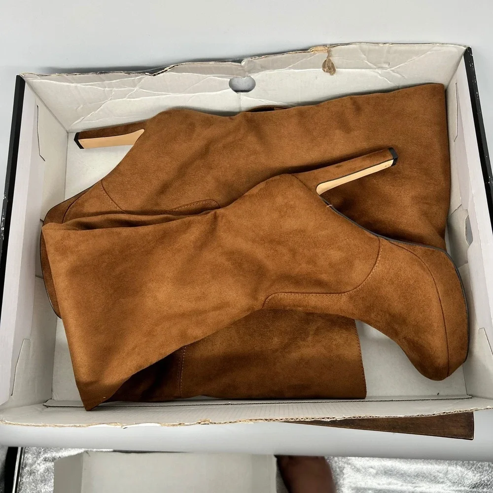 Nine West Cognac Brown Faux Suede Over The Knee Platform Boots Wide Calf 7.5M-WC